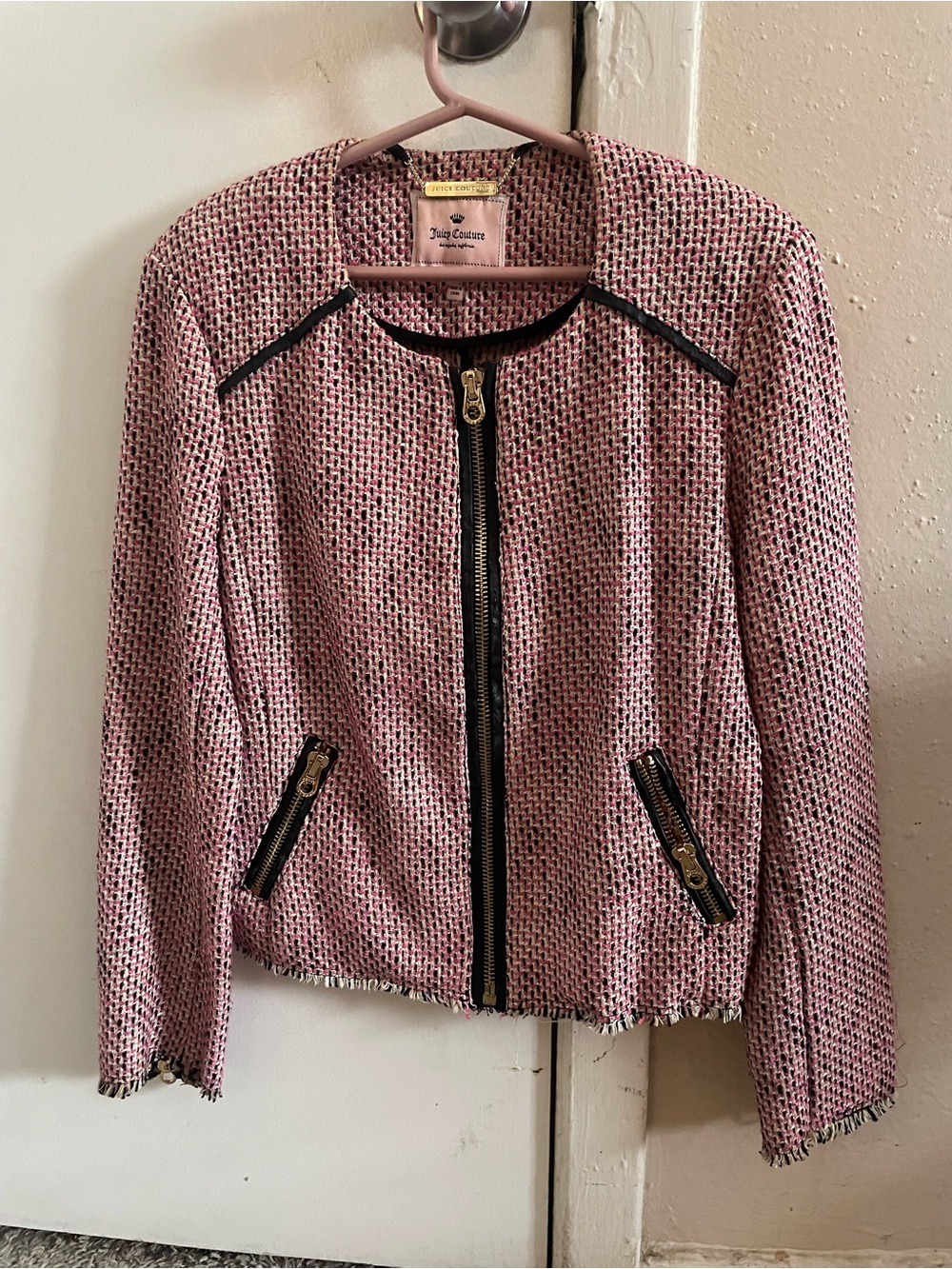 Juicy Couture Pink Tweed Zip Blazer with Black Trim